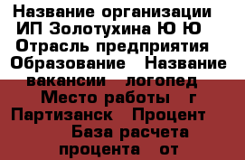  › Название организации ­ ИП Золотухина Ю.Ю. › Отрасль предприятия ­ Образование › Название вакансии ­ логопед › Место работы ­ г.Партизанск › Процент ­ 30 › База расчета процента ­ от стоимости услуг › Возраст от ­ 25 › Возраст до ­ 50 - Приморский край, Партизанск г. Работа » Вакансии   . Приморский край